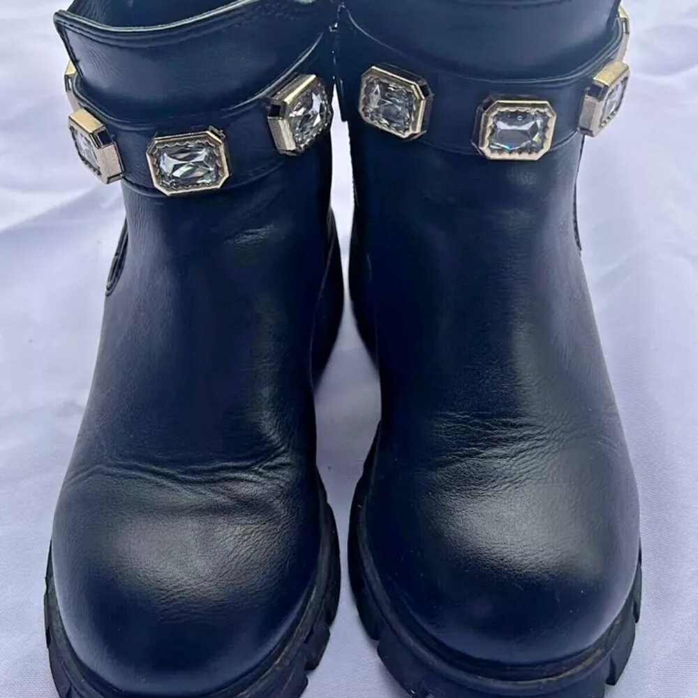 Madden NYC Black Rhinestone Chain Zip Lug Sole Chelsea‎ Ankle Youth Size US 2